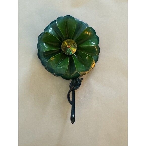 Vintage Original Enamel Brooch Pin Flower Floral Gem & Teal Petals 3D - Picture 1 of 6